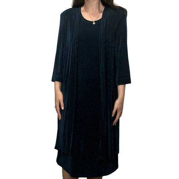 R&M Richards 2 Piece Set Midi Dress + Duster Jacket Acetate Teal Blue Green - Picture 1 of 8